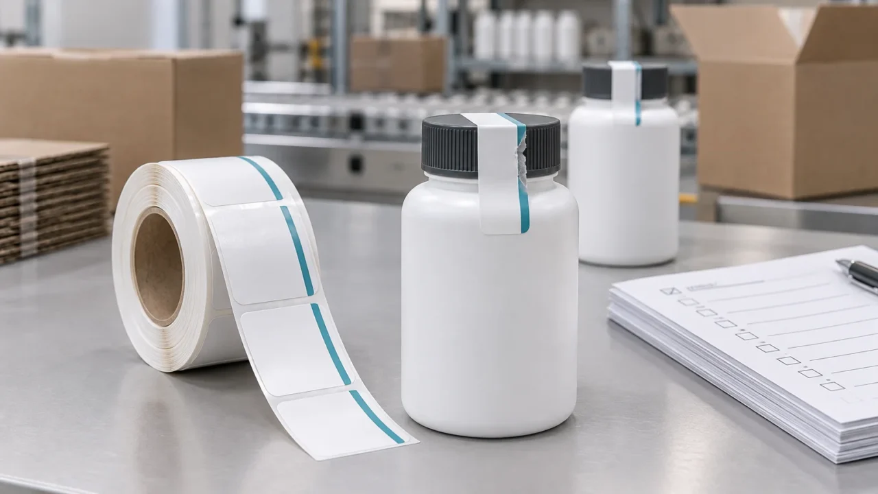 White tamper-evident label roll beside two white bottles with black caps on a stainless-steel packaging worktable, with open cartons and a printed checklist in the background.