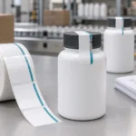 White tamper-evident label roll beside two white bottles with black caps on a stainless-steel packaging worktable, with open cartons and a printed checklist in the background.