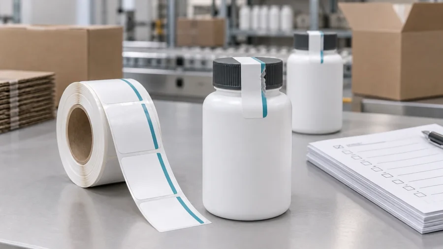 White tamper-evident label roll beside two white bottles with black caps on a stainless-steel packaging worktable, with open cartons and a printed checklist in the background.