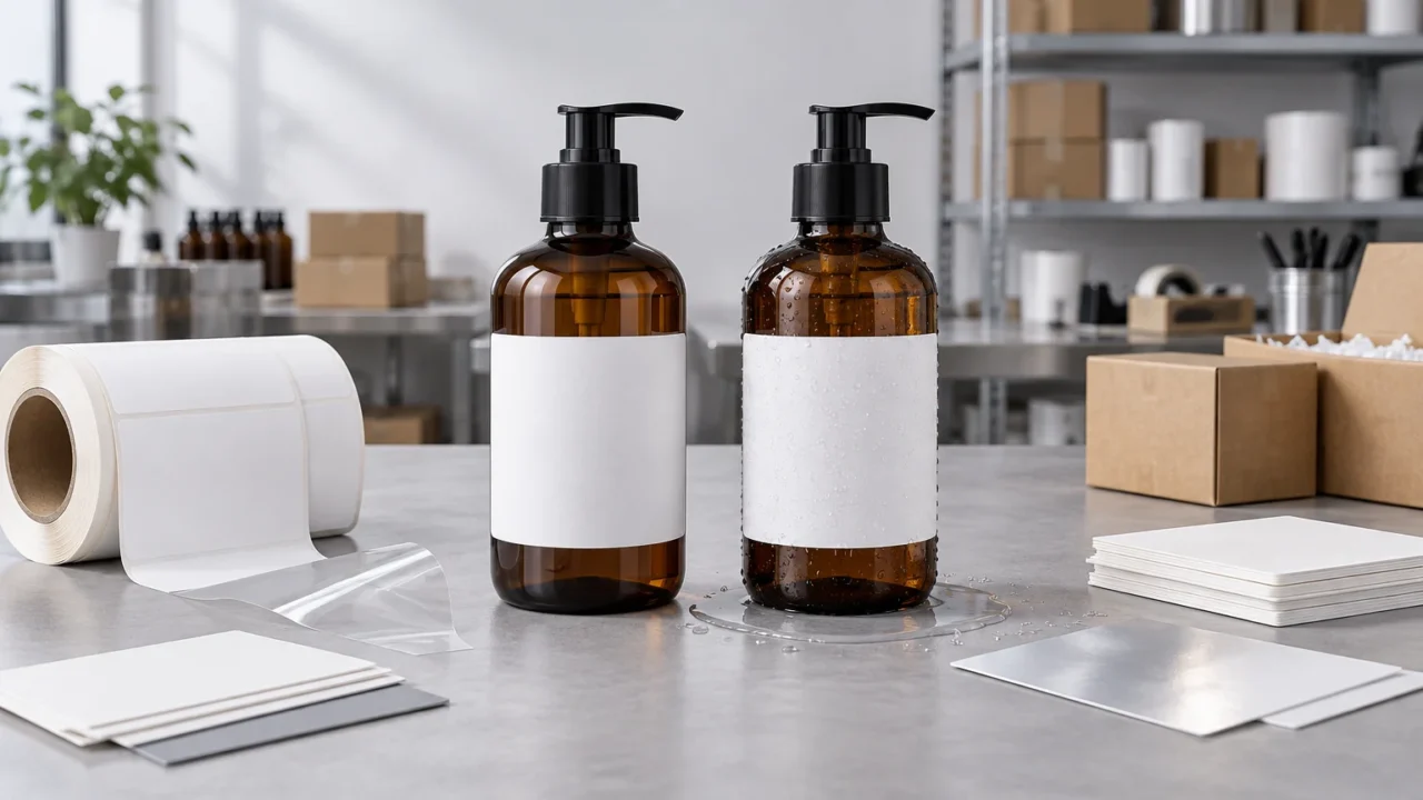 Two amber pump bottles with blank white labels sit on a packaging worktable; one bottle and its label are covered in water droplets, beside a roll of labels, clear film, paper samples, and cardboard boxes.