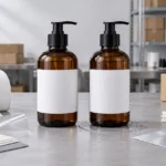 Two amber pump bottles with blank white labels sit on a packaging worktable; one bottle and its label are covered in water droplets, beside a roll of labels, clear film, paper samples, and cardboard boxes.