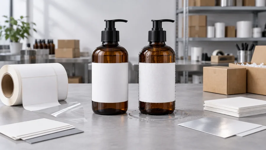 Two amber pump bottles with blank white labels sit on a packaging worktable; one bottle and its label are covered in water droplets, beside a roll of labels, clear film, paper samples, and cardboard boxes.