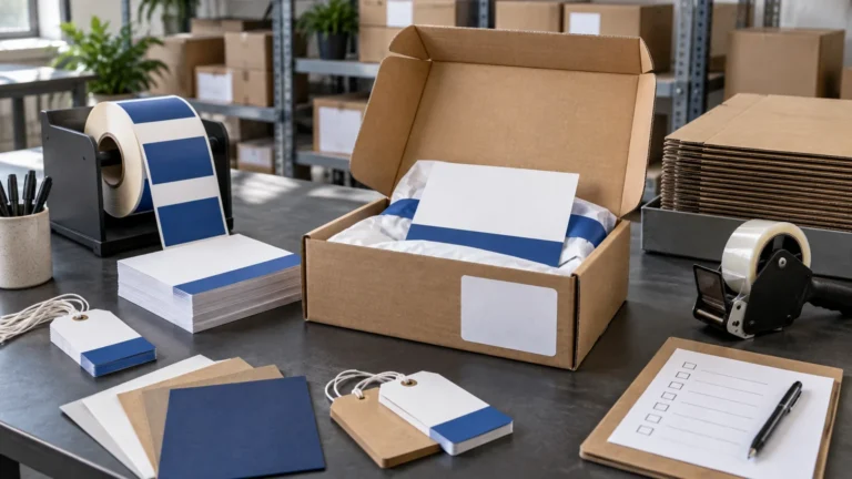 Organized ecommerce packaging station with an open kraft mailer box, blue-and-white roll labels, cardstock inserts, hang tags, stacked cartons, tape dispenser, and a printed checklist on a worktable.