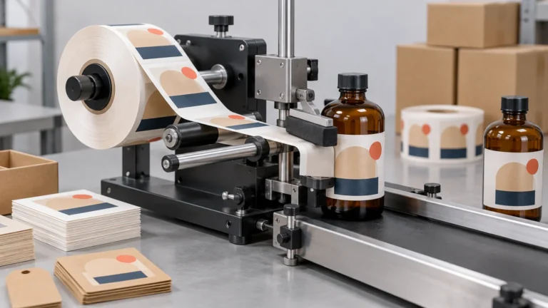 Roll-fed label applicator dispensing abstract geometric labels onto amber bottles on a conveyor, with extra label rolls, stacked printed cards, hang tags, and cartons in a clean packaging workspace.