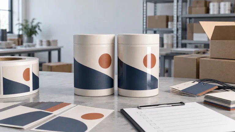 Two cream-colored cylindrical containers with matching navy and rust abstract labels sit on a worktable in a packaging studio. A roll of labels, finish swatches, hang tags, cartons, shelving, and a blank checklist surround them; one container label shows a strong vertical light reflection.