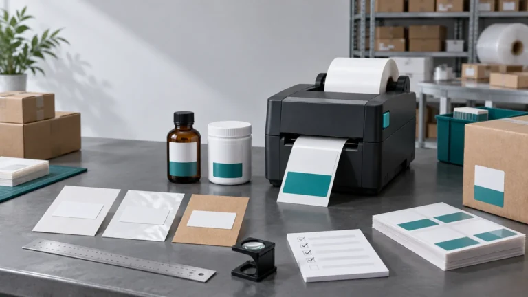 Desktop label printer with a roll of white labels, sample label sheets and materials, labeled bottles and carton, ruler, magnifier, and checklist on a worktable in a packaging workspace.
