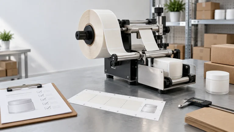 A tabletop label applicator with a large roll of blank white labels feeding through metal rollers, beside a clipboard checklist, sample labels, a white jar, cartons, and measuring calipers in a clean warehouse workspace.