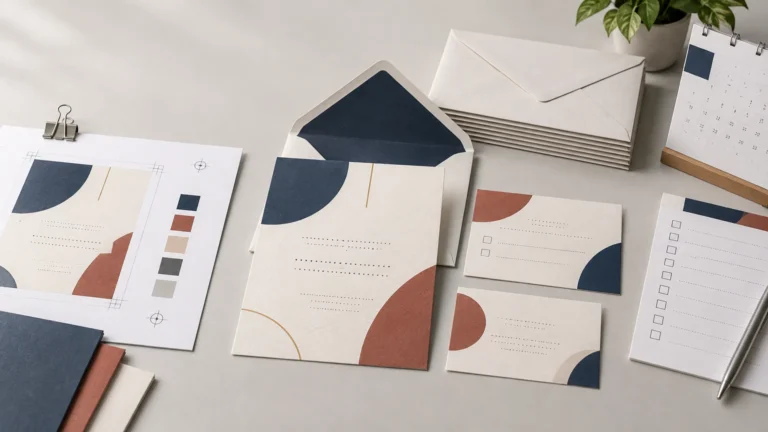 Overhead view of coordinated cream, navy, and terracotta invitation cards, envelopes, a printed proof sheet, checklist cards, and a desk calendar on a light work surface.